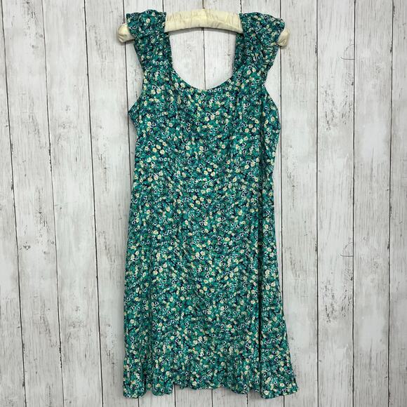 Old Navy Fit & Flare Puff Sleeve Floral Blue Green Mini Stretch Cottage Dress - Picture 1 of 11